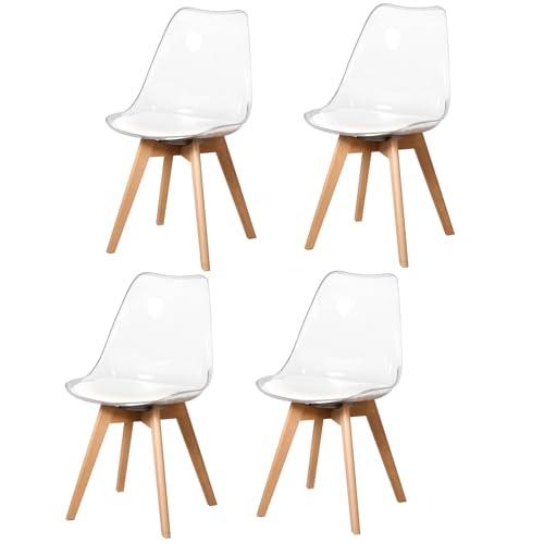 GrandCA HOME Juego de 4 sillas de Comedor Transparentes con 4 Unidades, Material PP Respetuoso con el Medio Ambiente/Cojines de Poliuretano (cojín de Asiento de Poliuretano Blanco, 4)