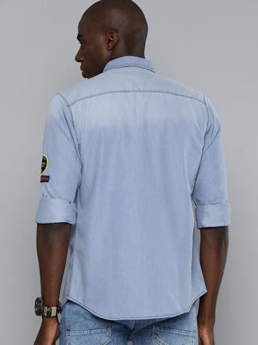 Image of The Indian Garage Co Men Slim Fit Solid Full Sleeves Cutaway Collar Double Flap Pocket Casual Denim Shirt