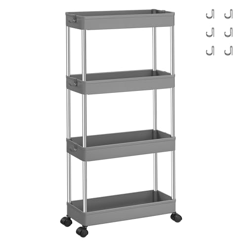 SONGMICS Carro de Almacenamiento de 4 Niveles, Carrito con Ruedas, Carro de Cocina, Ahorro de Espacio, para Baño, Oficina, 14,4 x 42 x 86 cm, Gris Paloma KSC008G01