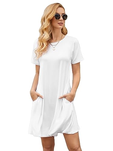 Image of Women's Summer Dresses 2026 Casual T Shirt Dress Short Sleeve Loose Flowy Sundress Swing Tunic Dress with Pockets White