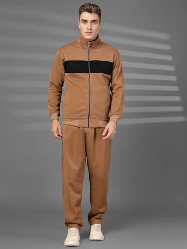 Image of CHKOKKO Mens High Neck Winter Tracksuit Full Zip Jacket with Elastic Waist Lower Warm and Soft Activewear Set for Gym Running and Casual Use Golden Brown S