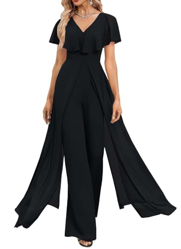 Women's Bridesmaid Pant Suits Chiffon V Neck Outfit Set Evening Gowns Jumpsuit Wedding Party with Puffy Sleeve Black