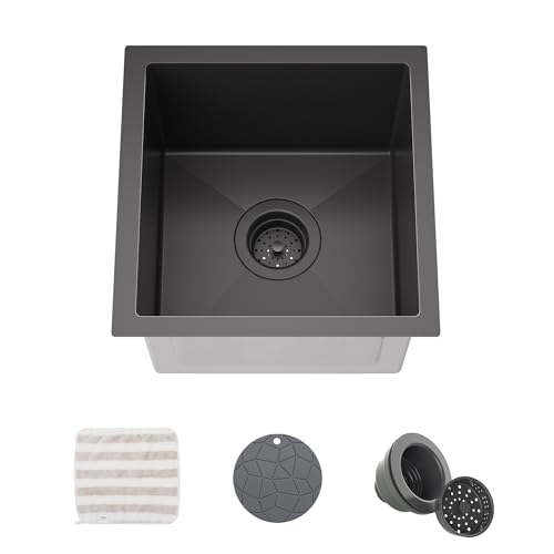 TORVA 14 x 14 Inch Gloss Black Undermount Kitchen Sink, PVD Coated Gunmetal Bar Sink，16 Gauge T-304 Stainless Steel Single Bowl Wet Bar or Prep Sinks with Zero-Radius Corners, Dark Grey