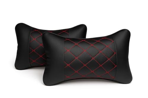 Image of Leather Car Neck Pillow for Travel, Travel Micro Fiber Rest Pillow /Cushion Set of Pillows Compatible with All Cars - Pack of 2 Pieces (Red Black)