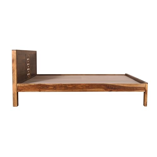 Image of EXCEL International Jiksa Design Solid Sheesham (Rose) Wood Queen Size Bed Without Storage | Wooden Double Bed | Rosewood, with Provincial Teak Finish - Elegant, Durable & Spacious