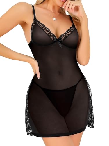 Image of Foxiny Sexy Split Side Floral Lace Trim Full Slip Night Gown Babydoll Lingerie Dress with Thong 2 piece