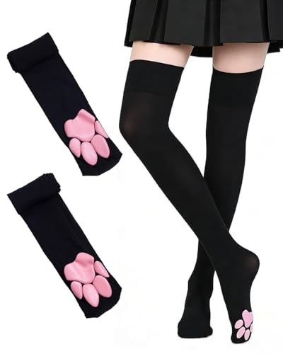 JEXOWIQ 1 Paire Chaussettes Cuissardes Hautes,Bas de Cuisse Noir,Doux Bout Rose 3D Patte de Chaton,pour Femmes Filles,Cosplay et Tenues Quotidiennes Chaussettes Noël...