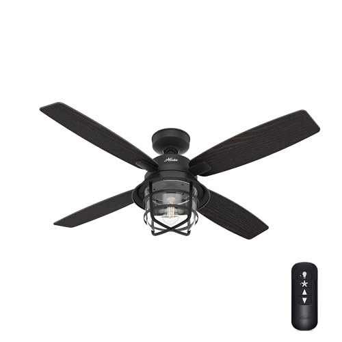 Hunter 52 inch Outdoor or Indoor Ceiling Fan with LED Light and Remote Control - Black Ceiling Fan, Standard Mount, 4 Blades, For Patio, Porch, or Living Room - Port Royale 50391, Natural Black Iron