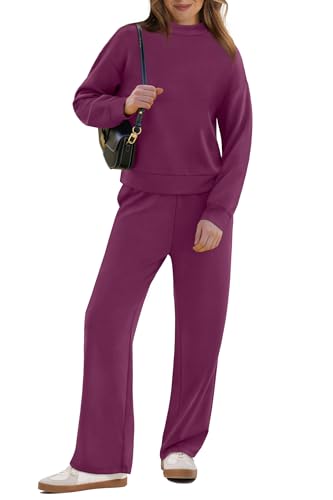 Image of WIHOLL Two Piece Sets for Women Fall Outfits Lounge Sets Mock Neck Tops Wide Leg Pants Vacation Travel Airport Outfits