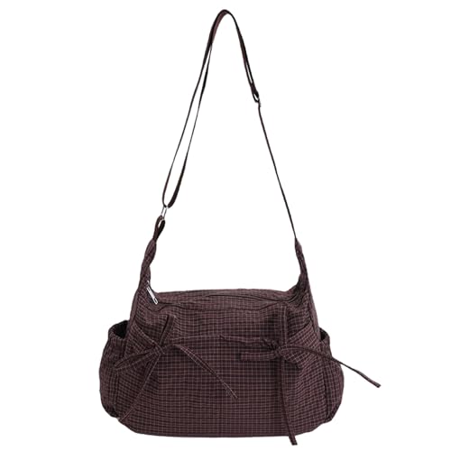 Bolso bandolera grande y bonito con diseño de lazo y cuadrícula, bolso casual de hombro de gran capacidad, bolso hobo arrugado y suave, correa ajustable para uso diario en trabajo y escuela (Café)