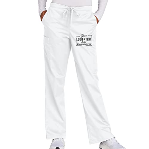 TEEAMORE Custom Emroidered Medical Scrub Pant Add Your Embroidery Name Text Women's Flare Leg Cargo Pant White