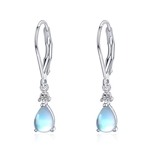 Moonstone Leverback Earrings Turquoise/Moonstone/Cubic Zirconia Birthstone Leverback Earrings for Women Sterling Silver Teardrop Bridal Dangle Dewdrop Girls