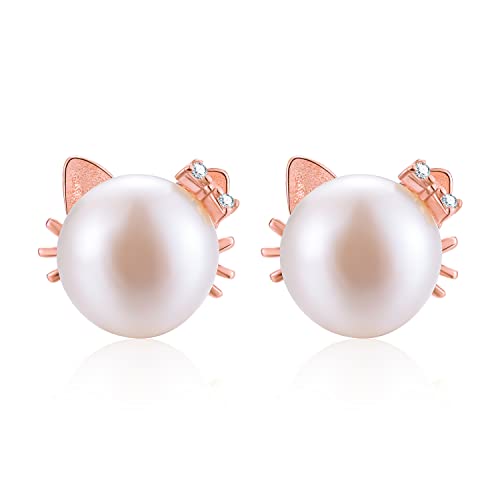 ✦Christmas Gifts for Women✦ Esberry 14K Gold Plated S925 Sterling Silver Cat Stud Earrings Simulated Pearl Earrings Cat Shell Pearl Earrings for Women