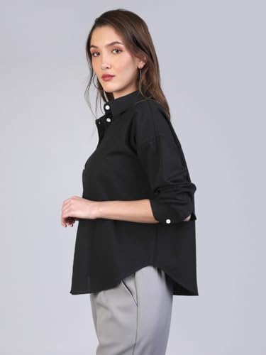 Image of Urbano Fashion Women's Cotton Full Sleeve Oversized Fit Casual Solid Slub Shirt with Spread Collar