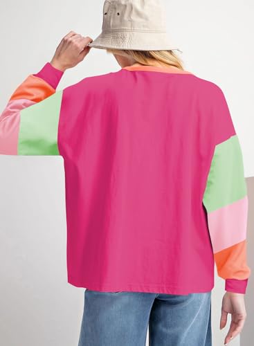 miduo Womens Long Sleeve Tops Color Block Stitching Casual Loose Fit Crew Neck Shirts Blouses4