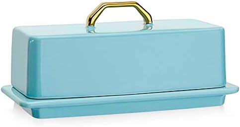 Sweese 327.102 Butter Dish with Lid for Countertop - Butter Dish with Gold Handle, Butter Dishes with Covers for 4oz East West Coast Butter - Dishwasher Safe, Turquoise