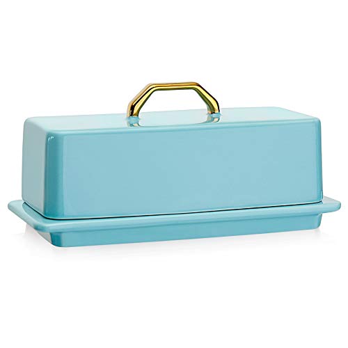 Sweese 327.102 Butter Dish With Lid For Countertop - Butter Dish With Gold Handle, Butter Dishes With Covers For 4Oz East West Coast Butter - Dishwasher Safe, Turquoise #TOP20