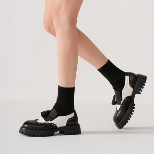 Image of BEAU TODAY Chunky Loafers for Women, Women's Leather Platform Loafers, Lug Sole Tassel Slip On Loafers Shoes Brogues Wingtip Casual Business Shoes Comfortable Dressy
