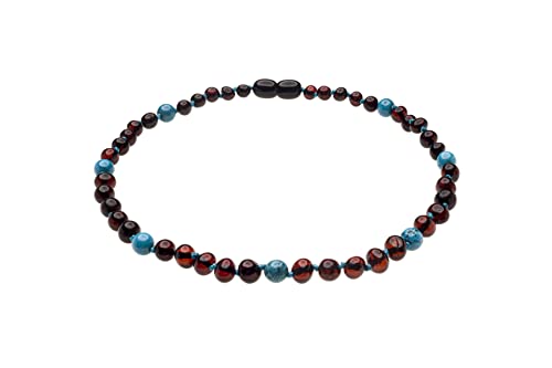 Genuine Amber Necklace From Baltic Sea Made With Polished Cherry & Turquoise 33 cm (13 Inches)