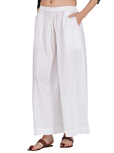 Image of fabcoast Loose Fit Palazzo Pants for Women A-Line Flared Wide Leg Summer Ethnic wear Pure Cotton Cambric with Full Elastic Waistband and 2 Side Pockets