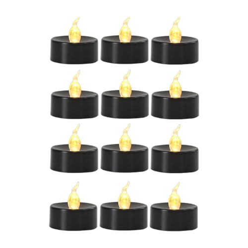 LOVIVER Lot de 12 Bougies Chauffe-Plat sans Flamme Noires à LED électriques pour décoration de fête à thème ou d'automne, Flash Blanc Chaud