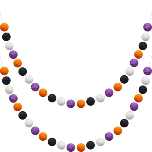 WILLBOND 2 Pieces Wool Felt Rainbow Ball Garland Colorful Pom Pom 6.5 ft Long 24 Ball Garland for Easter Mardi Gras Classroom Halloween Thanksgiving Xmas (Orange White Black Purple)