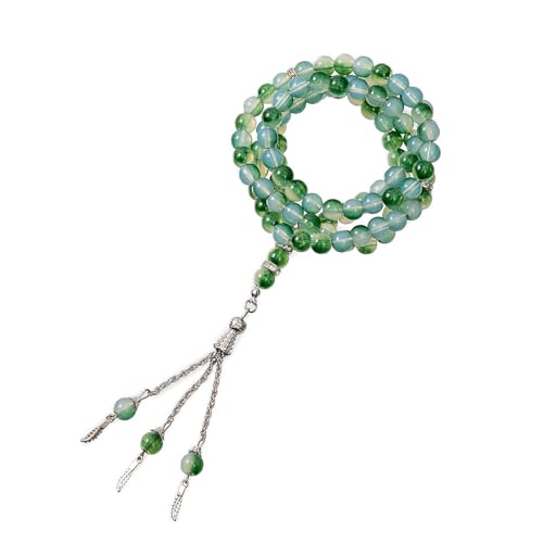 イスラム教徒のロザリオビーズ、99 Tasbih 手持ち数珠ビーズ手作り織模造瑪瑙ネックレスブレスレット祈り、瞑想用,8mm,Green