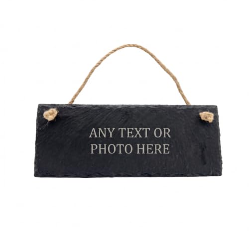 Personalised Hanging Slate Sign | Engraved Natural Slate Plaque | Custom House Name, Door & Garden Signage (10 cm X 24.5 cm, Engrave Any Text or Photo - Personalised Message on Natural Slate)