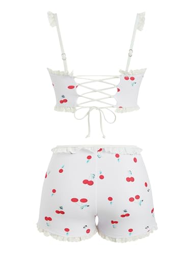 Image of ZAFUL Womens High Waisted Bikini Sets 2 Piece Plaid Ruffle Swimsuits Back Strap Top with High Waisted Shorts Bathing Suit