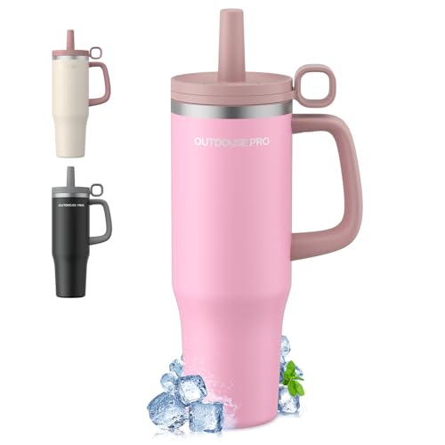 1200ml Taza Térmica - Vaso Térmico con Asa y Pajita - Termo Café sin BPA 1.2L - Taza para Beber Caliente y Frío - Rosa