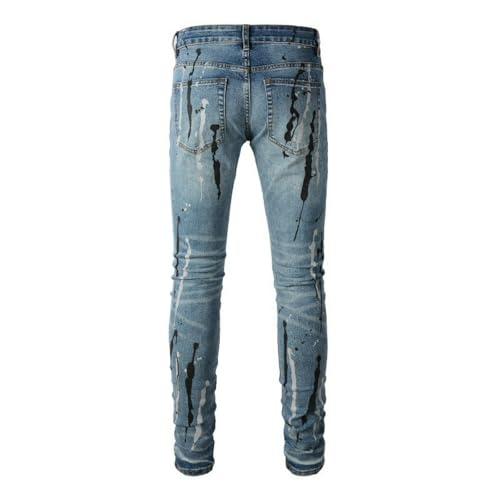 Jeans Pants Trousers Denim Men Street Trendy Spray Paint Dot Print Classic Retro Washed Blue Elastic Slim Fit Casual(Blue,33)4