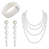 3 Stück Perlen Schmuck Set,Perlen Set mit Langen Kunststoffperlen Ohrringen,3 Reihiges Stretch Perlenarmband,20er Jahre perlenketten,1920er Accessoires Perlenkette Damen Lang für Party Abschlussball