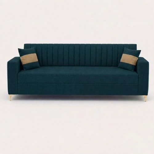 Image of FURNY Signature Regalia 3 Seater Sofa Set | Boston Fabric | 40D Foam + Zigzag Spring | 3-Yr Warranty (Peacock Teal & Warm Beige) | Modern Living Luxury Sofa Set for Home, Office & Hotel Spaces
