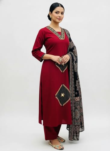 Image of BHARVITA Women's Rayon Handwork Embroidered and Printed Straight Kurta with Pant And Dupatta Sets