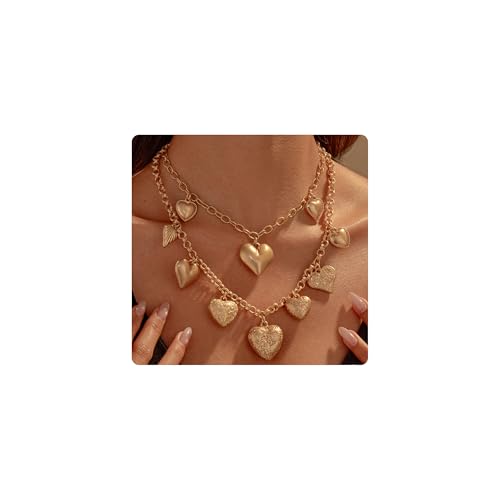 SHANTYSON Matte Heart Charms Pendant Layer Necklace for Women Vintage Brushed Gold Plated Chunky Link Chain Love Sweetheart Puff Heart Choker Necklace