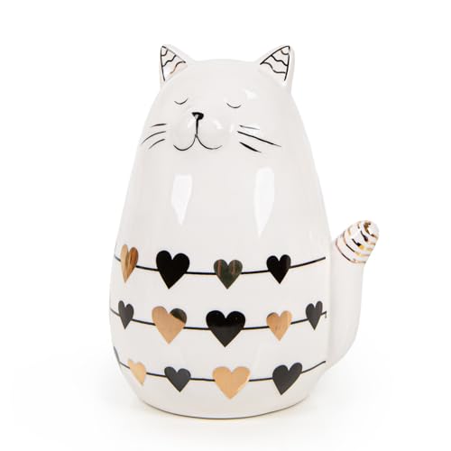 Logbuch-Verlag Katze Deko Figur aus Keramik 13 cm goldene Herzen schwarz weiß als Geschenk Valentinstag Geburtstag