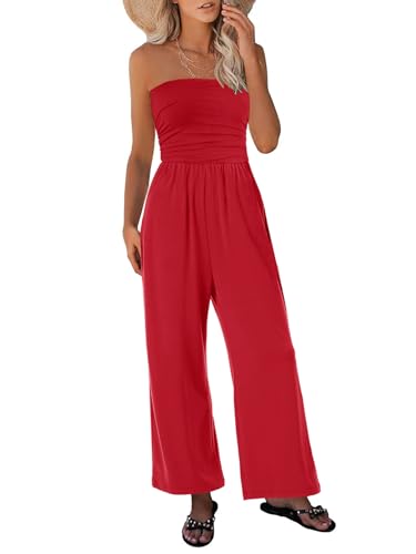 Women’s Tube Top Jumpsuits Strapless Belted Wide Leg Bustier Jump...