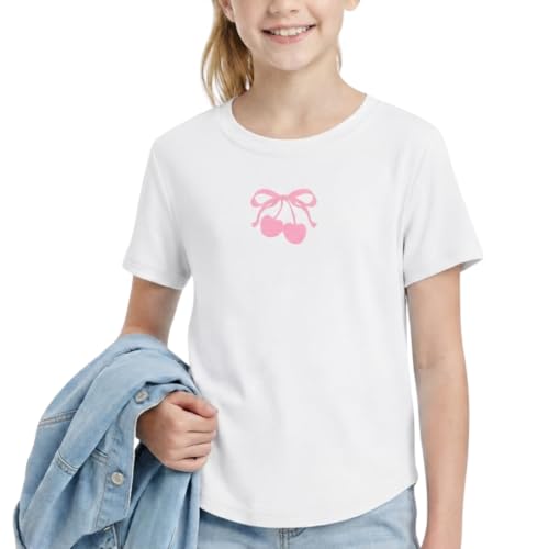 Image of WELAKEN Girls Soft T-Shirt with Curved Hem, Breathable Stretchy Rayon Crewneck Short Sleeve Tees, Kids Everyday Basic Top