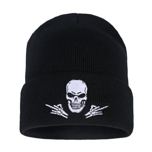 Image of Embroidered Skeleton Beanie Hat Winter Stretch Knit Skull Cap for Men Women