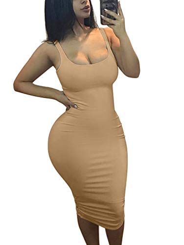XXTAXN Women's Casual Sleeveless Midi Sexy Bodycon Cocktail Tank Shift Dress Khaki