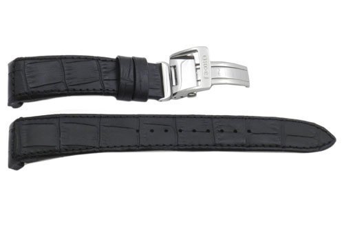 Seiko Genuine Textured Black Leather Alligator Grain 21Mm Watch Strap - Black, 21Mm, Regular