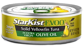 StarKist E.V.O.O. Solid Yellowfin Tuna in Extra Virgin Olive Oil, 4.5 oz (4 Pack) Canned Tuna Fish, Wild Caught, Gluten Free, Ready to Eat, Perfect for Salads, Keto Meals and Snacks