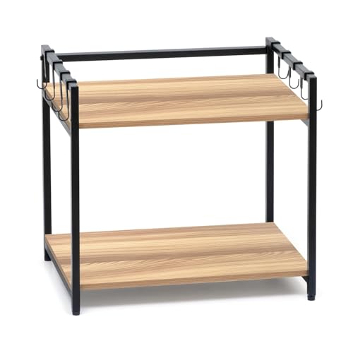 Image of REMANENCE Microwave Stand, Oven Stand for Kitchen Storage Shelf, 2 Tier Microwave Rack with Hanging Plastic Hooks - Tiered Shelf - Heavy Metal Frame with Engineered Wood