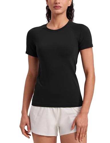 CRZ YOGA Seamless Workout Tops for Women Hip Length - Athletic Running Gym Yoga Short Sleeve Shirts Breathable Crewneck Tees Black Medium