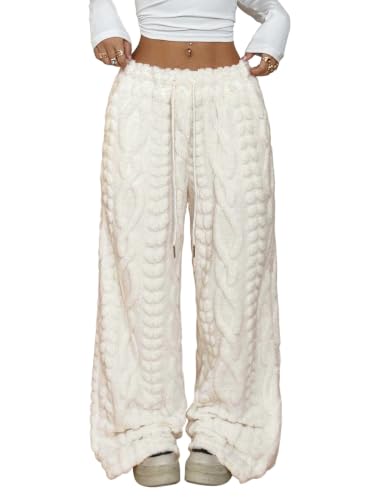 Image of ZAFUL Women's Fuzzy Plush Pajama Pants Wide Leg Pj Bottoms Lounge Pants | Soft Fluffy Sleep Pants Drawstring Elastic Waist Teddy Pjs for Women No Pockets