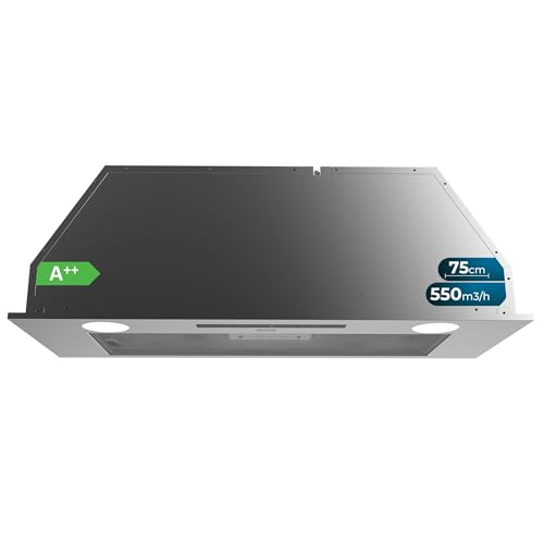 Cecotec Cappa Incasso 75 cm Bolero Flux IT 755500 Inox A++. Motore 70W, 3 Livelli Potenza, Basso Consumo, Finitura Inox, Aspirazione 550m³/h, Touch, Booster, Luce, Filtro a Carboni Attivi
