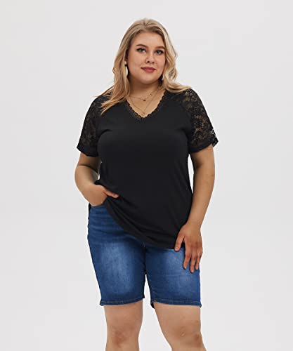 CARCOS Plus Size Tops for Women Short Sleeve Raglan Striped Tee Color Block Crewneck/V Neck Tunic Loose Fit Summer XL-5XL2