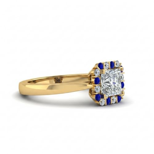 Image of Choose Your Gemstone Floating Halo Diamond CZ Ring Yellow Gold Plated Princess Shape Halo Engagement Rings Everyday Jewelry Wedding Jewelry Handmade Gifts for Wife US Size 4 to 12