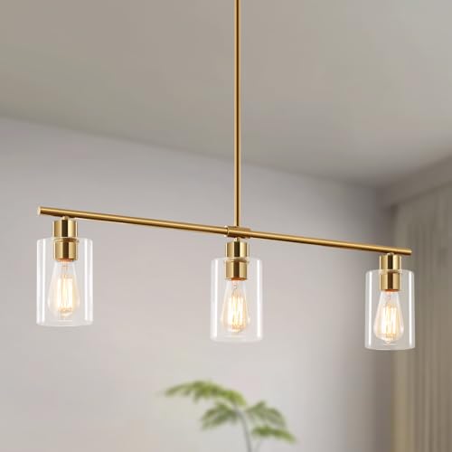 3-Light Kitchen Island Lighting, Farmhouse Dining Room Light Fixtures Over Table, Modern Gold Island Lights Over Island, 31" Linear Chandelier Hanging Ceiling Pendant Light Fixtures for Kitchen