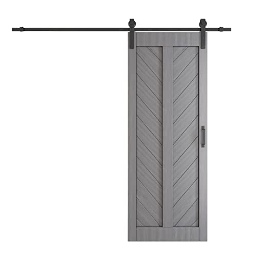Solrig Sliding Barn Door 30" × 84", Modern Pre-Drilled Holes Barn Wood Door Slab With Hardware Kit Included, Need To Assemble, Solid Mdf, V Frame, Silver Grey. #TOP4